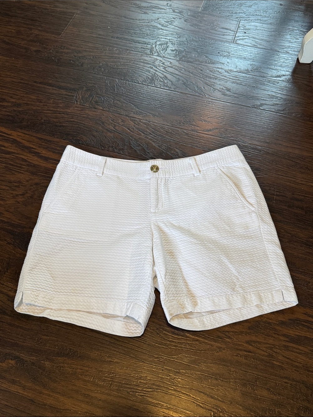 Lilly Pulitzer White Textured Bermuda Shorts with Gold Button